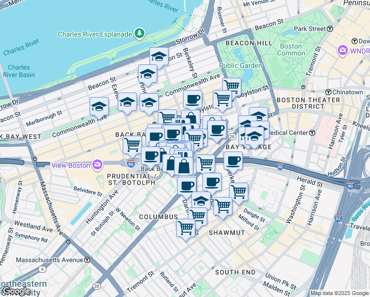 map of restaurants, bars, coffee shops, grocery stores, and more near 40 Trinity Place in Boston