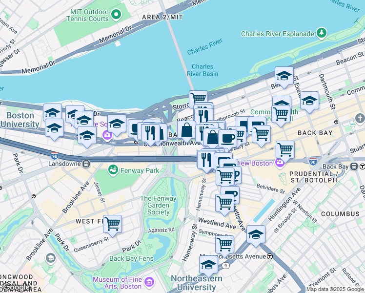 map of restaurants, bars, coffee shops, grocery stores, and more near 427 Newbury Street in Boston