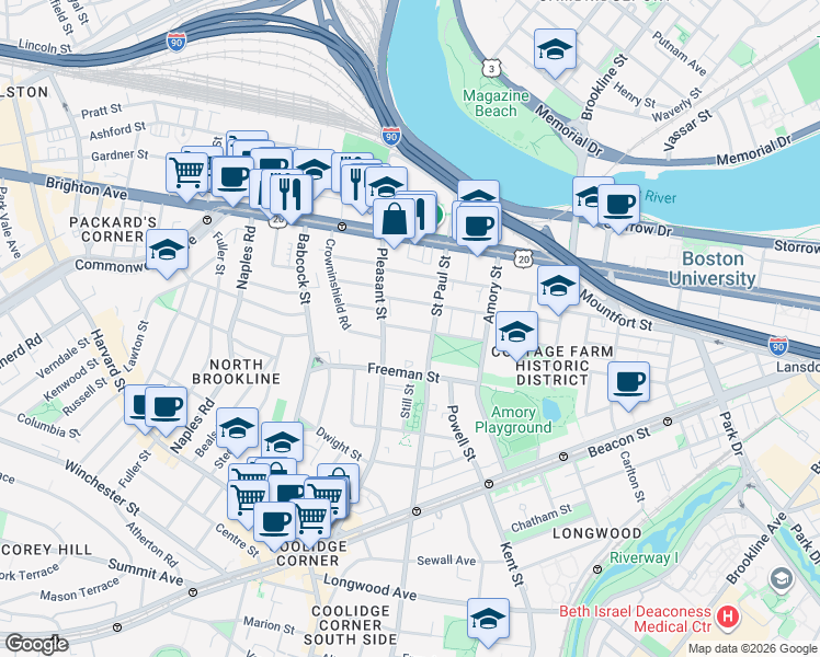 map of restaurants, bars, coffee shops, grocery stores, and more near 73 Thatcher Street in Brookline