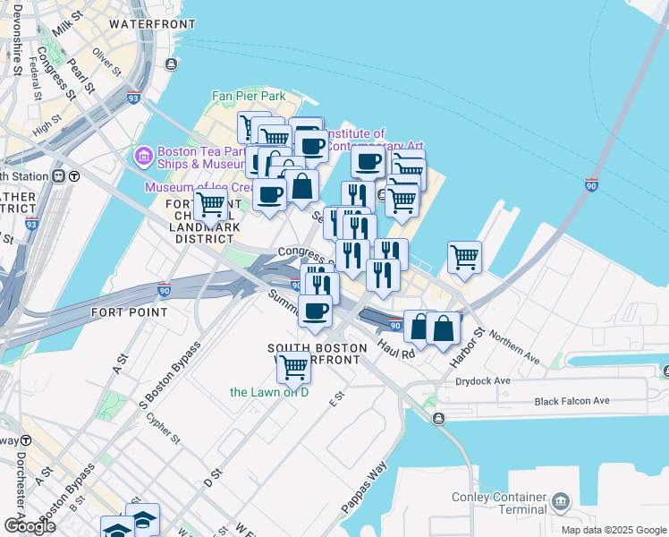 map of restaurants, bars, coffee shops, grocery stores, and more near 505 Congress Street in Boston