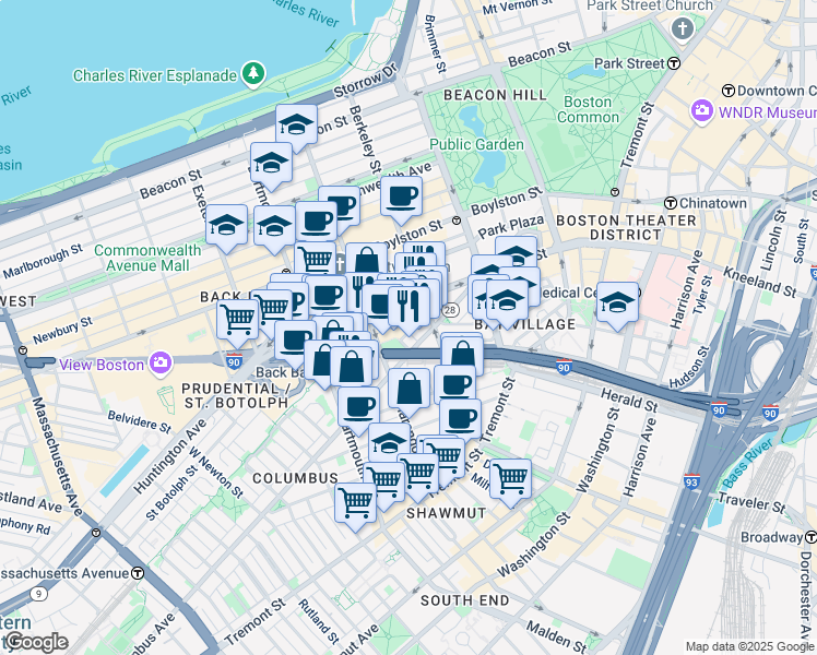 map of restaurants, bars, coffee shops, grocery stores, and more near in Boston