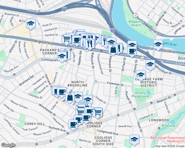 map of restaurants, bars, coffee shops, grocery stores, and more near 145 Babcock Street in Brookline