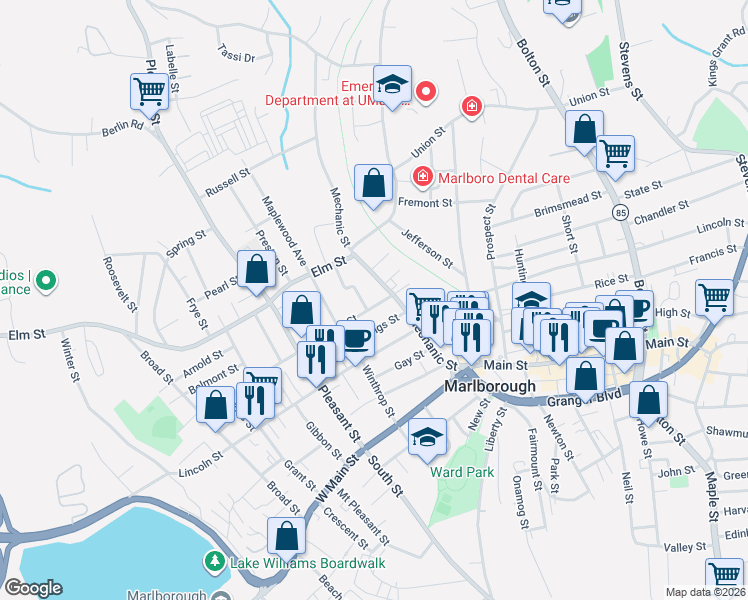 map of restaurants, bars, coffee shops, grocery stores, and more near 36 Chestnut Street in Marlborough