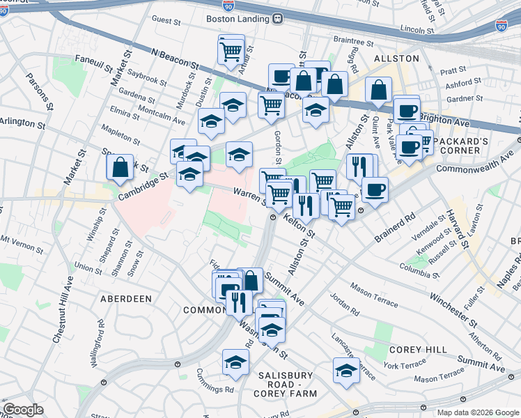 map of restaurants, bars, coffee shops, grocery stores, and more near 1455 Commonwealth Avenue in Brighton