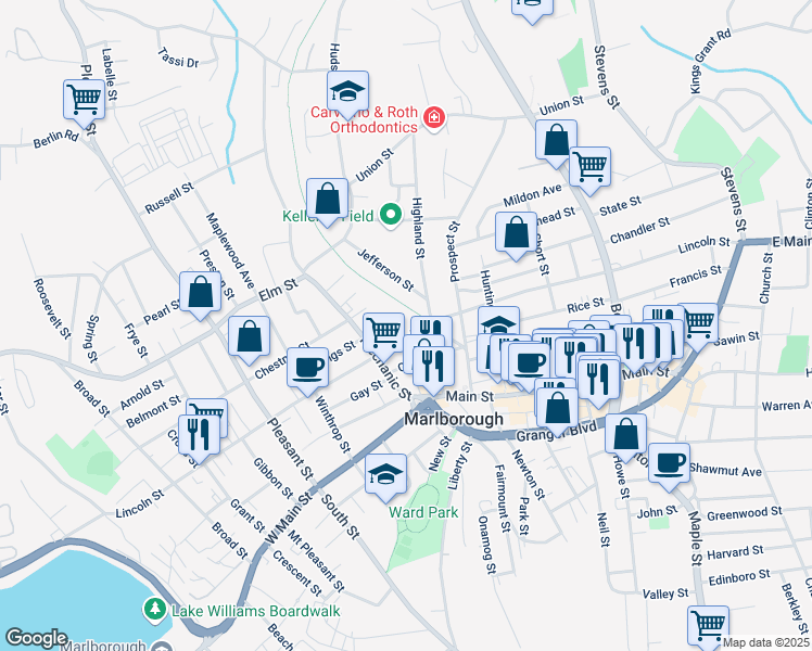 map of restaurants, bars, coffee shops, grocery stores, and more near 303 Lincoln Street in Marlborough