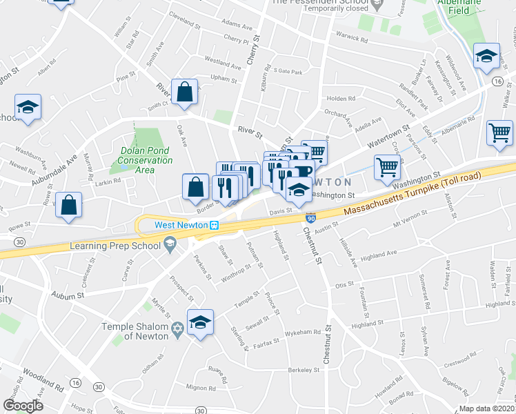 map of restaurants, bars, coffee shops, grocery stores, and more near 1326 Washington Street in Newton