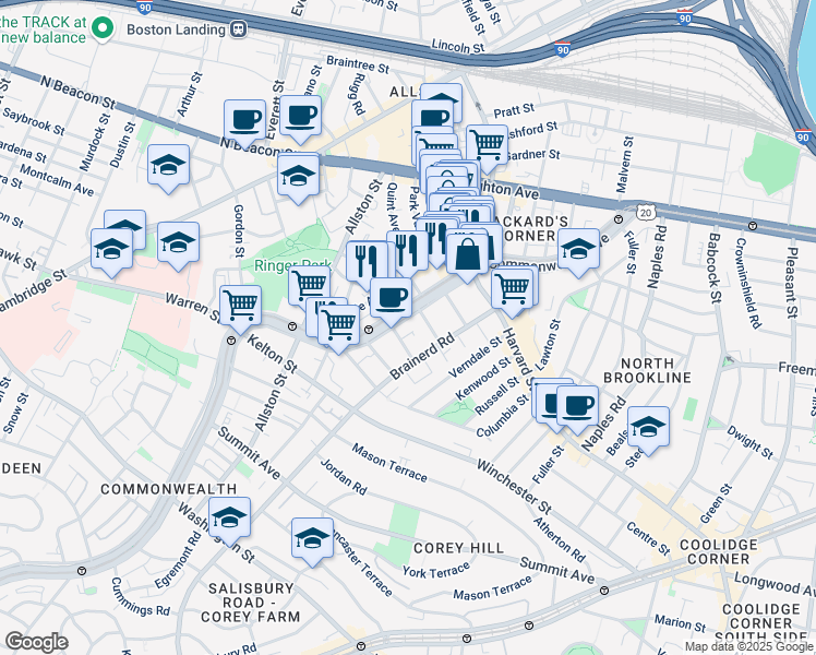 map of restaurants, bars, coffee shops, grocery stores, and more near 65 Brainerd Road in Boston