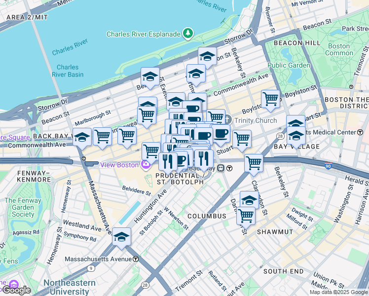 map of restaurants, bars, coffee shops, grocery stores, and more near 77 Exeter Street in Boston