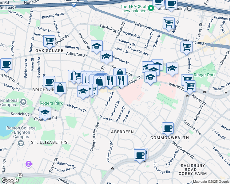 map of restaurants, bars, coffee shops, grocery stores, and more near 18 Winship Street in Boston