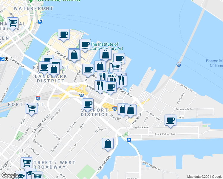 map of restaurants, bars, coffee shops, grocery stores, and more near 600 D Street in Boston