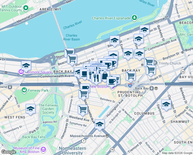 map of restaurants, bars, coffee shops, grocery stores, and more near 927 Boylston Street in Boston