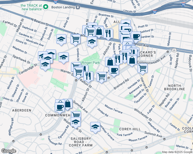 map of restaurants, bars, coffee shops, grocery stores, and more near 1377 Commonwealth Avenue in Boston