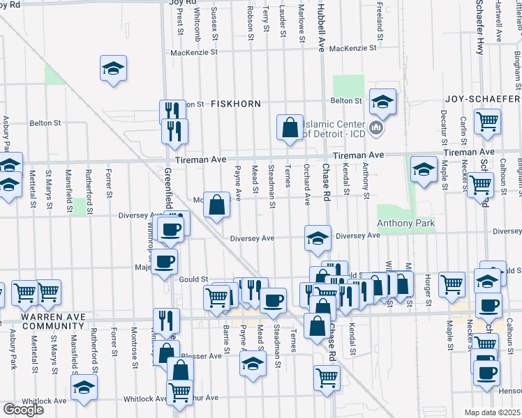 map of restaurants, bars, coffee shops, grocery stores, and more near 7637 Mead Street in Dearborn