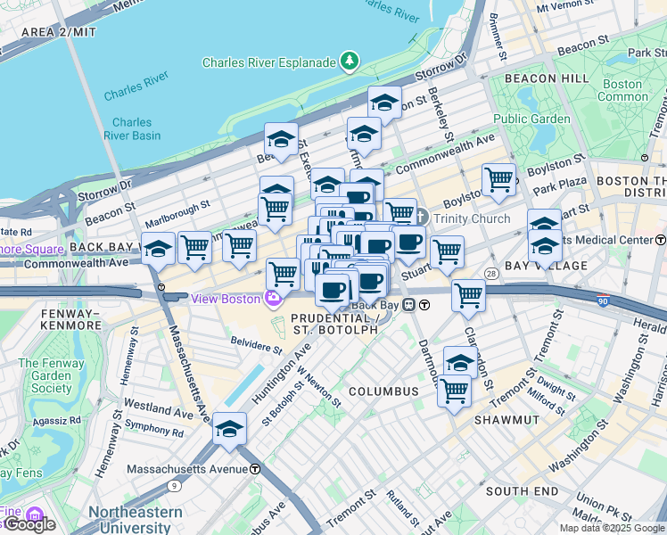 map of restaurants, bars, coffee shops, grocery stores, and more near 77 Exeter Street in Boston