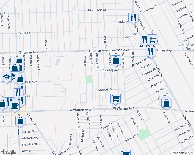 map of restaurants, bars, coffee shops, grocery stores, and more near 7456 American Street in Detroit