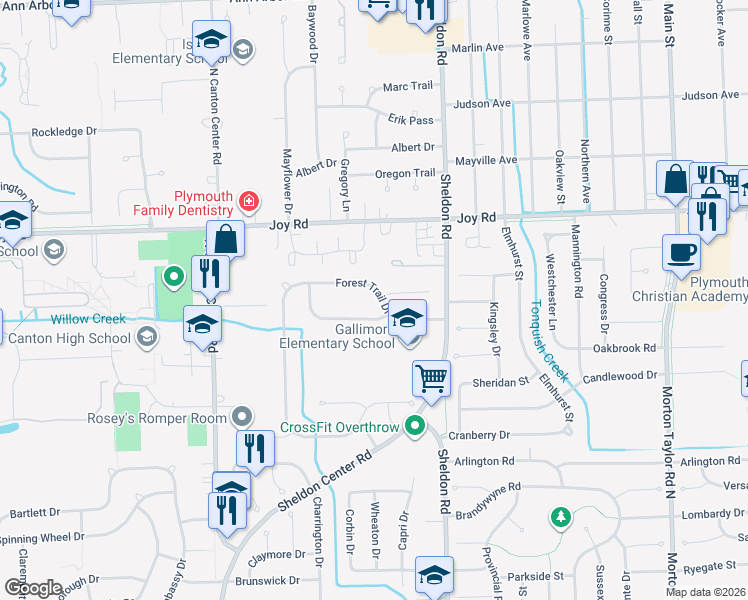 map of restaurants, bars, coffee shops, grocery stores, and more near 44773 Leslie Lane in Canton