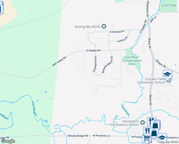 map of restaurants, bars, coffee shops, grocery stores, and more near 97 Southpoint Drive in Amherst