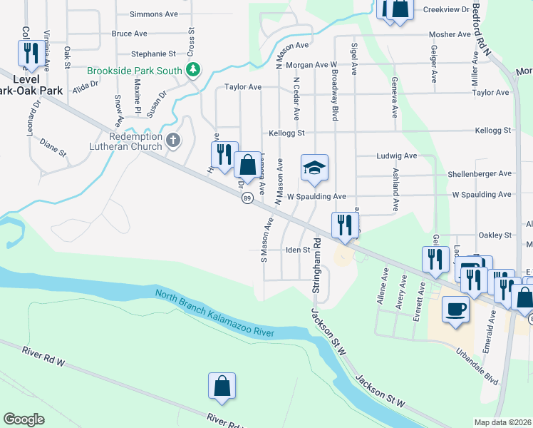 map of restaurants, bars, coffee shops, grocery stores, and more near 25 South Mason Avenue in Battle Creek