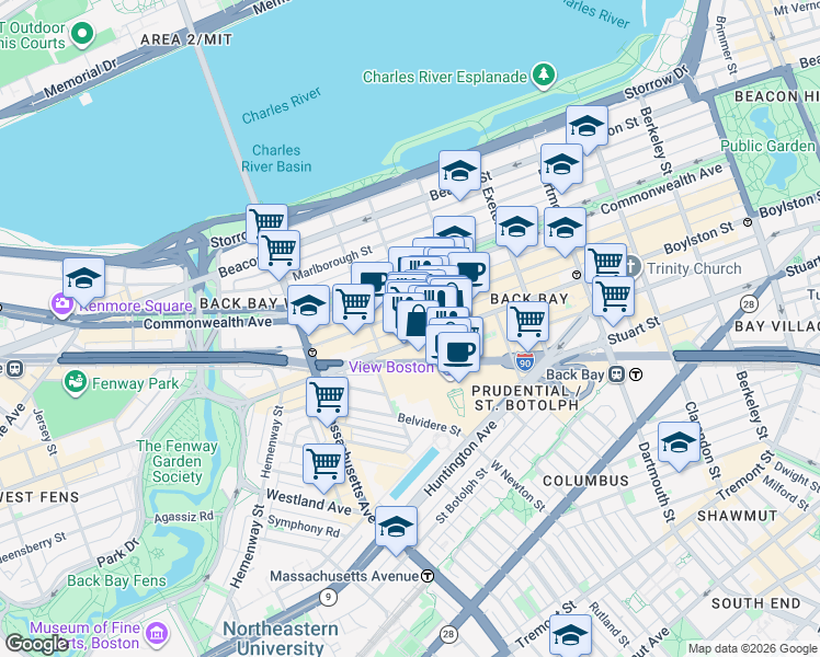map of restaurants, bars, coffee shops, grocery stores, and more near 48 Gloucester Street in Boston