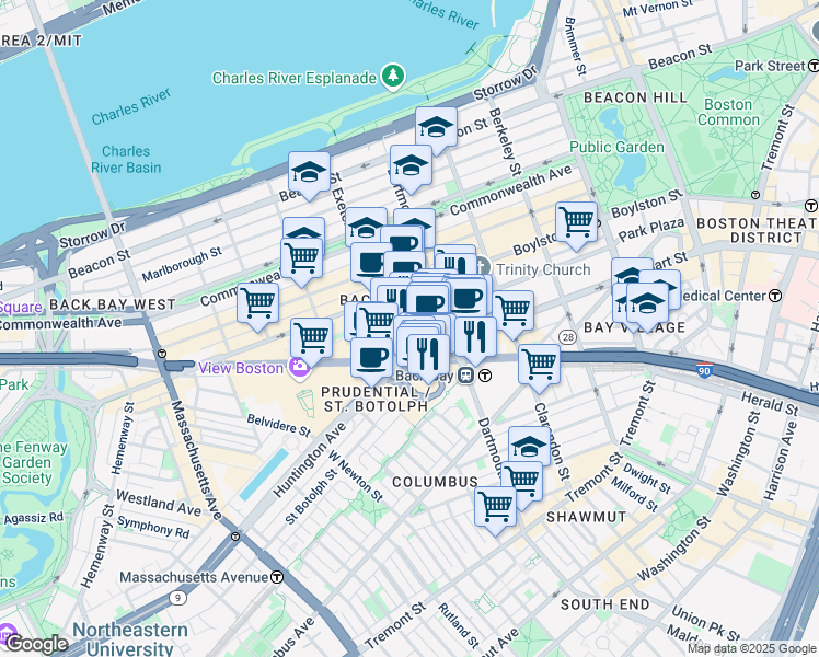 map of restaurants, bars, coffee shops, grocery stores, and more near 100 Huntington Avenue in Boston
