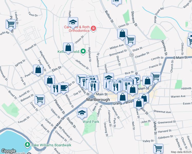 map of restaurants, bars, coffee shops, grocery stores, and more near 23 Central Street in Marlborough