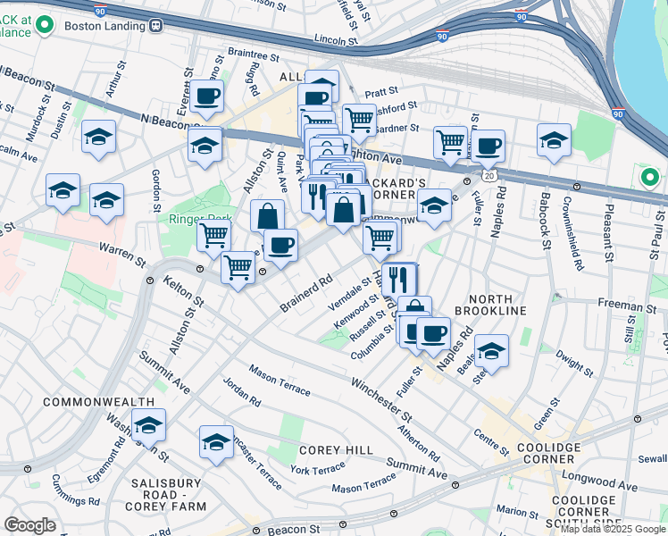 map of restaurants, bars, coffee shops, grocery stores, and more near 31 Brainerd Road in Boston
