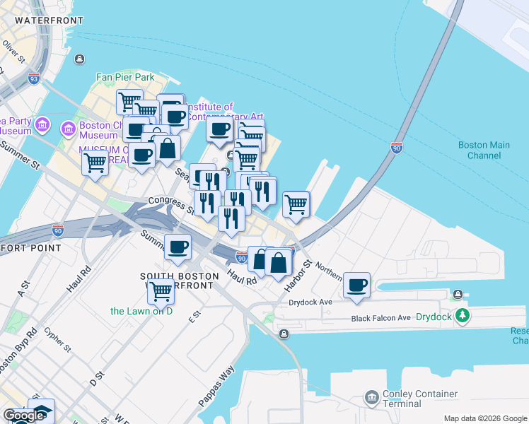 map of restaurants, bars, coffee shops, grocery stores, and more near 1 Park Lane in Boston