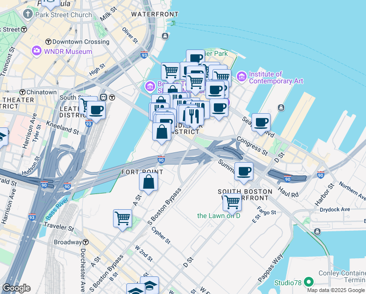 map of restaurants, bars, coffee shops, grocery stores, and more near 289-293R A Street in Boston