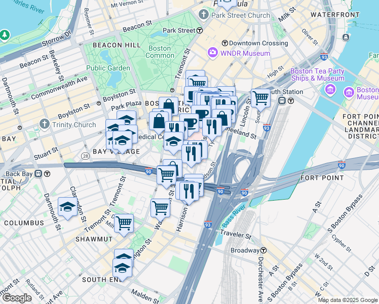 map of restaurants, bars, coffee shops, grocery stores, and more near 232 Harrison Avenue in Boston