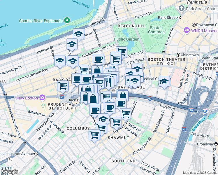 map of restaurants, bars, coffee shops, grocery stores, and more near in Boston