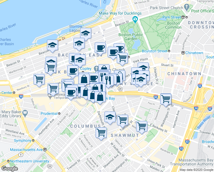 map of restaurants, bars, coffee shops, grocery stores, and more near 58 Trinity Place in Boston