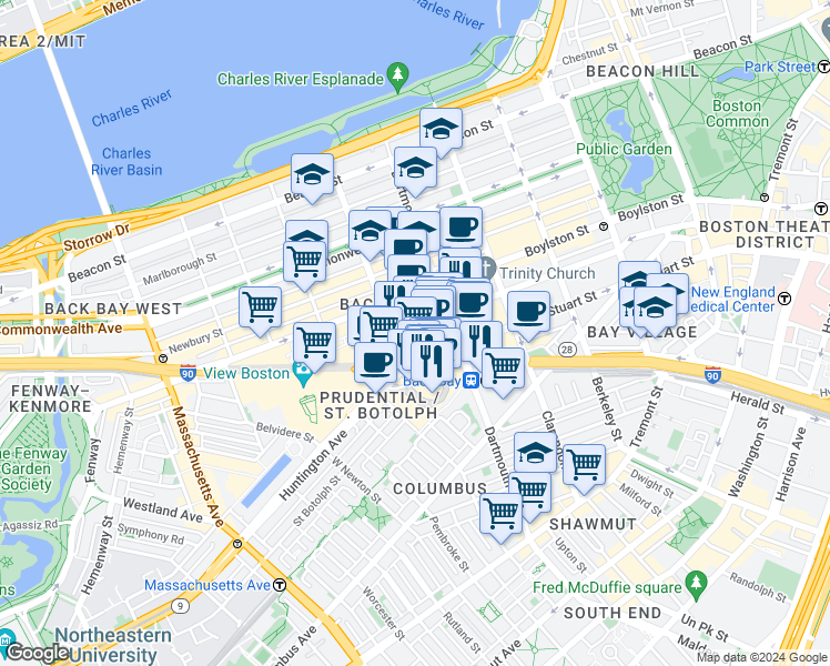 map of restaurants, bars, coffee shops, grocery stores, and more near 100 Huntington Avenue in Boston