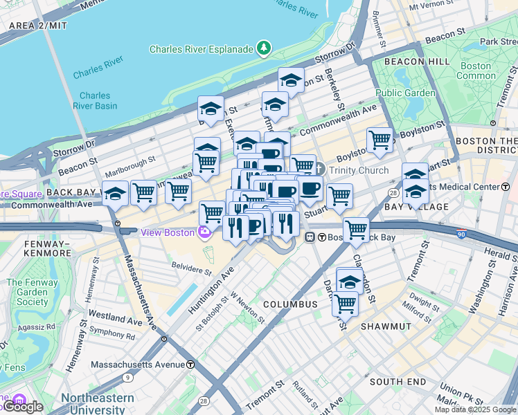 map of restaurants, bars, coffee shops, grocery stores, and more near 53 Huntington Avenue in Boston