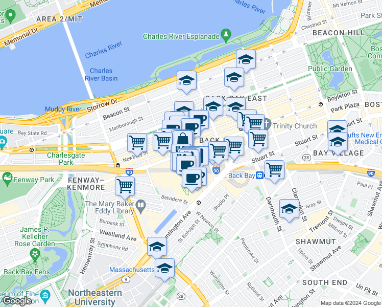 map of restaurants, bars, coffee shops, grocery stores, and more near 800 Boylston Street in Boston