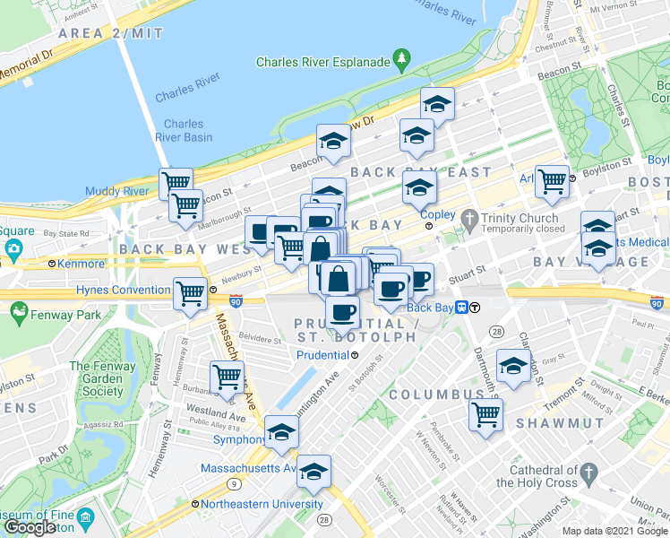 map of restaurants, bars, coffee shops, grocery stores, and more near 800 Boylston Street in Boston