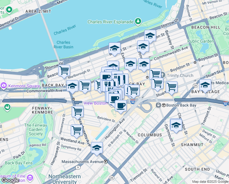 map of restaurants, bars, coffee shops, grocery stores, and more near 800 Boylston Street in Boston