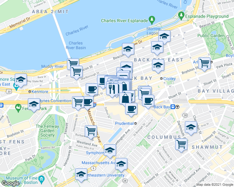 map of restaurants, bars, coffee shops, grocery stores, and more near 880 Boylston Street in Boston
