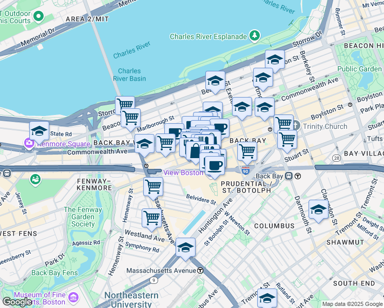 map of restaurants, bars, coffee shops, grocery stores, and more near 880 Boylston Street in Boston