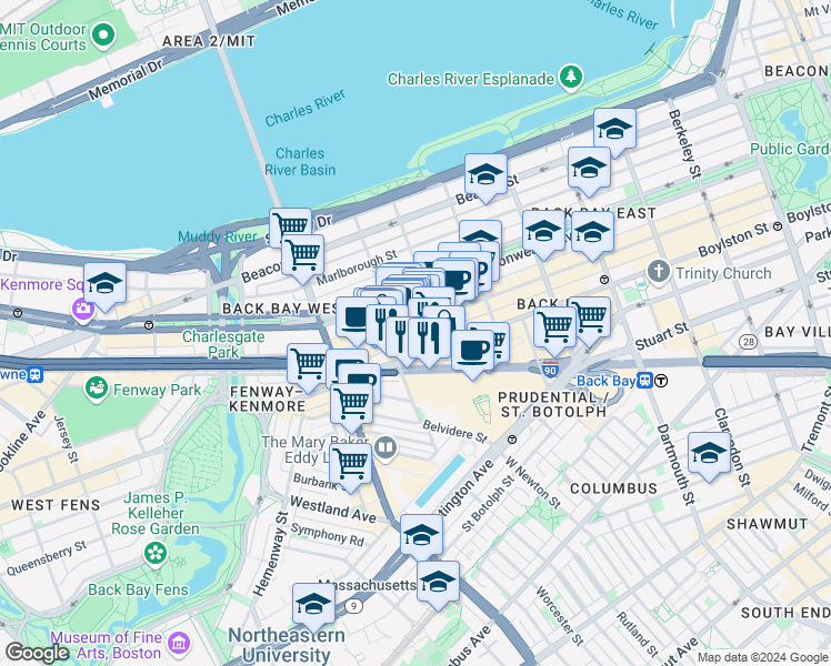 map of restaurants, bars, coffee shops, grocery stores, and more near 927 Boylston Street in Boston