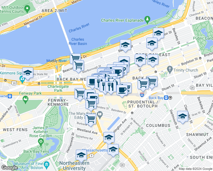 map of restaurants, bars, coffee shops, grocery stores, and more near 927 Boylston Street in Boston