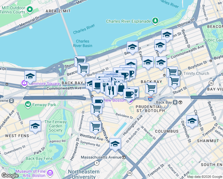 map of restaurants, bars, coffee shops, grocery stores, and more near 927 Boylston Street in Boston