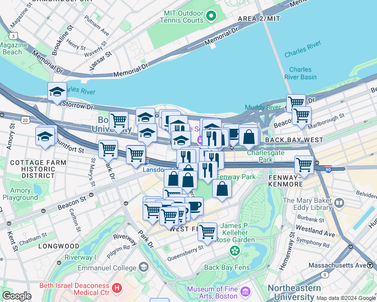 map of restaurants, bars, coffee shops, grocery stores, and more near 677 Beacon Street in Boston