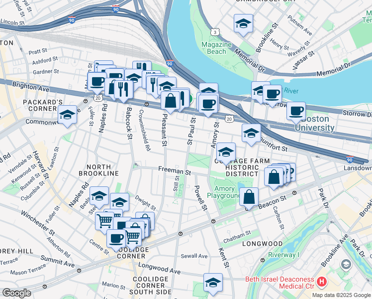 map of restaurants, bars, coffee shops, grocery stores, and more near in Brookline