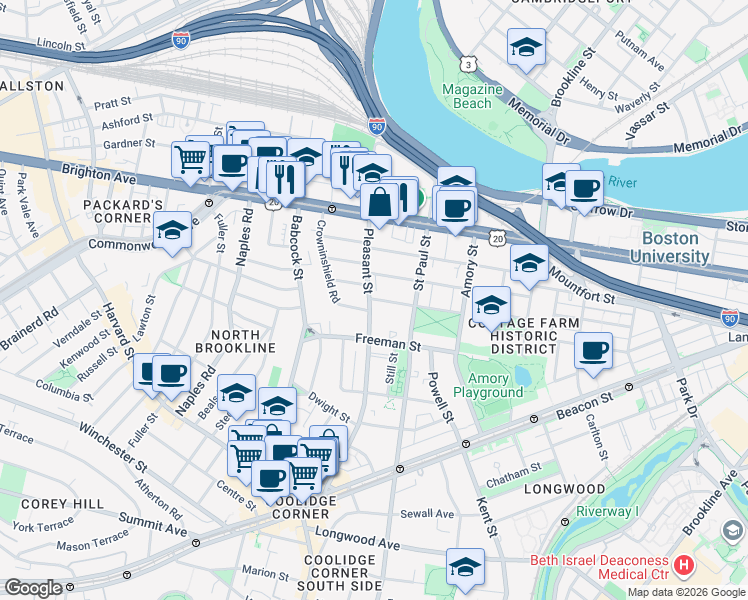 map of restaurants, bars, coffee shops, grocery stores, and more near 73 Thatcher Street in Brookline