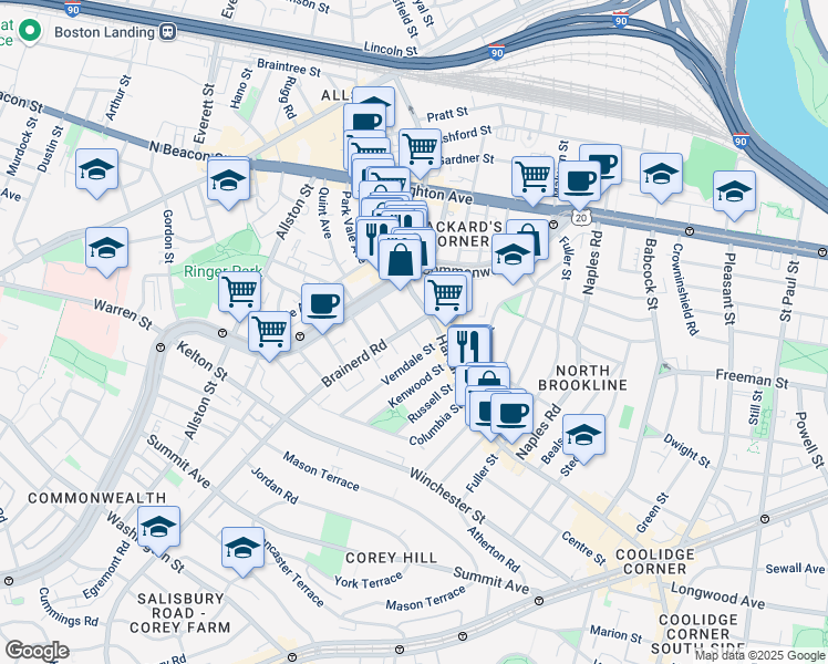 map of restaurants, bars, coffee shops, grocery stores, and more near 16 Verndale Street in Brookline