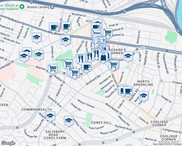 map of restaurants, bars, coffee shops, grocery stores, and more near 65 Brainerd Road in Boston