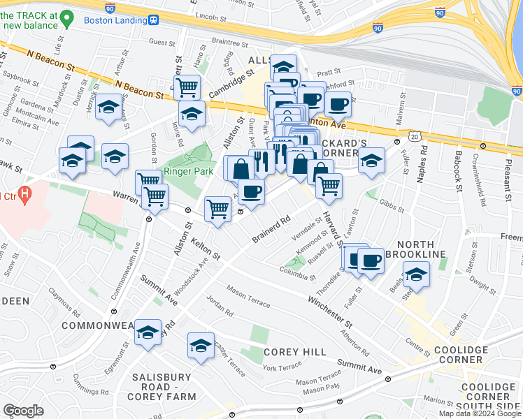 map of restaurants, bars, coffee shops, grocery stores, and more near 65 Brainerd Road in Boston