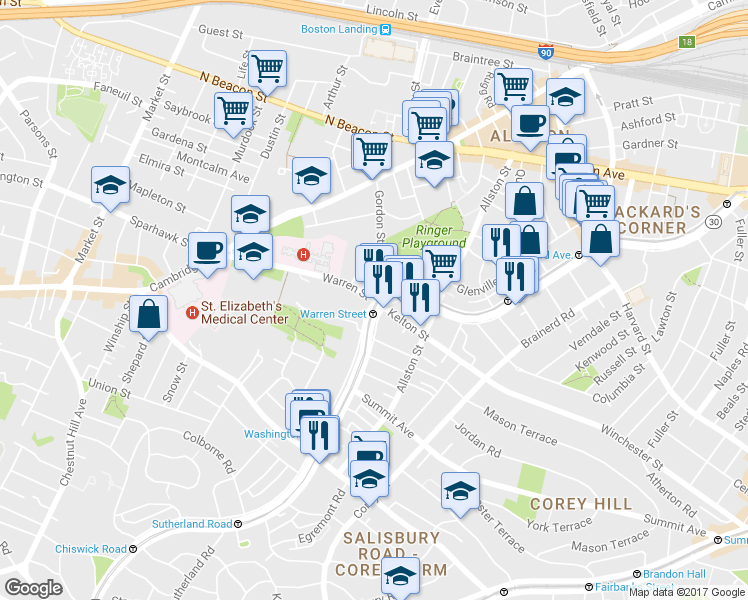 map of restaurants, bars, coffee shops, grocery stores, and more near in Boston