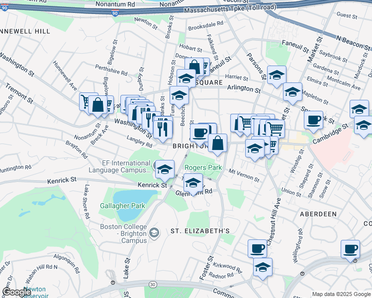 map of restaurants, bars, coffee shops, grocery stores, and more near 226 Lake Street in Boston