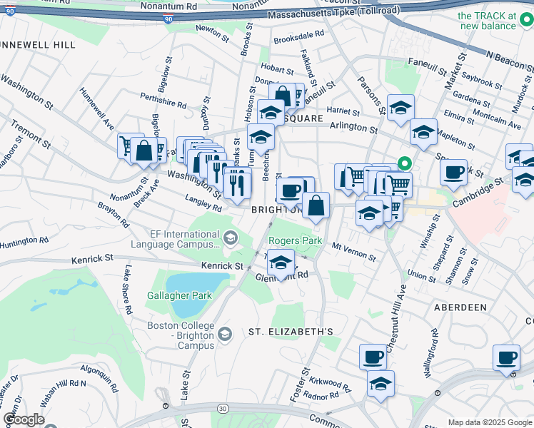 map of restaurants, bars, coffee shops, grocery stores, and more near 226 Lake Street in Boston